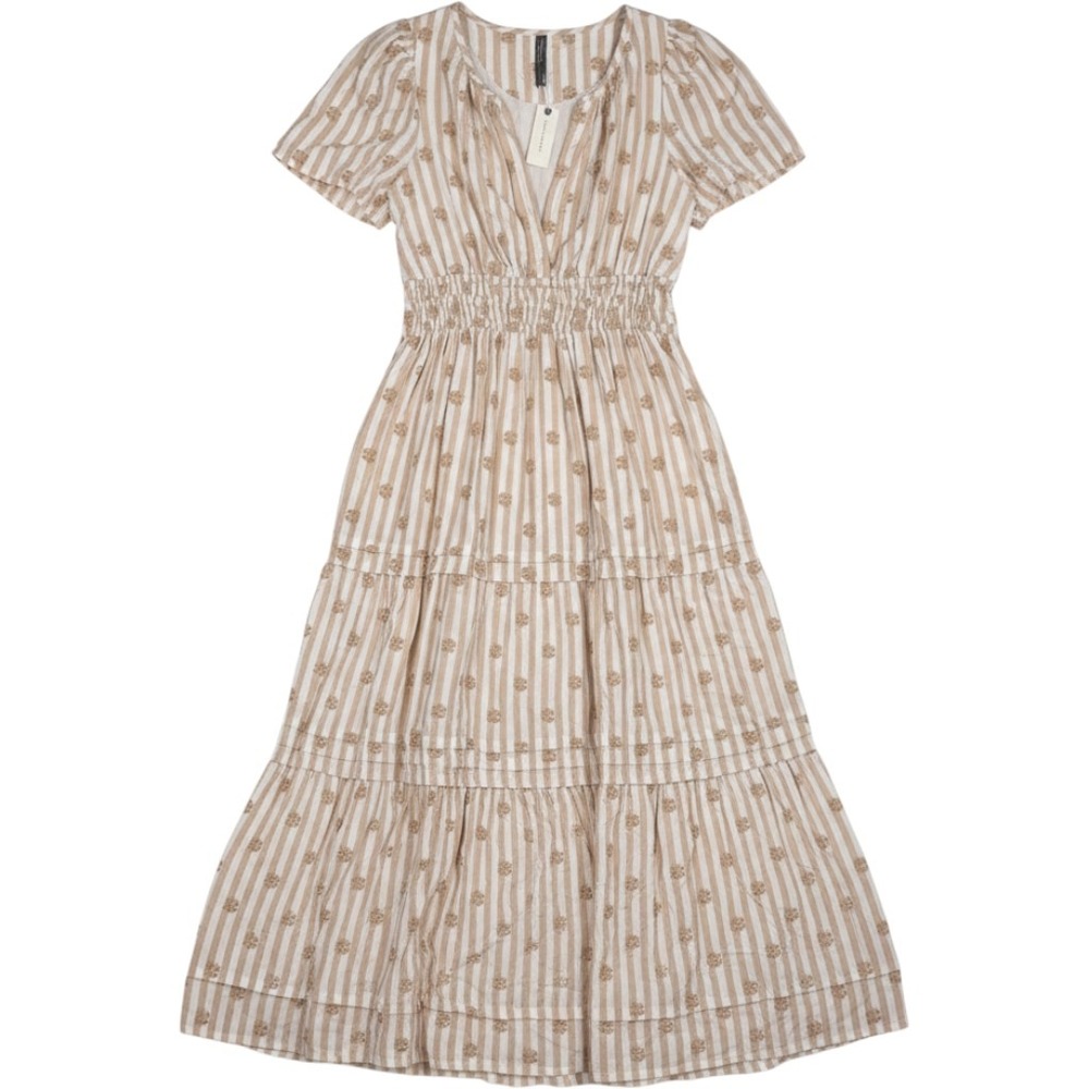 Anthropologie Fall Striped Floral Embroidered Smock Maxi Dress Tan White M NWT